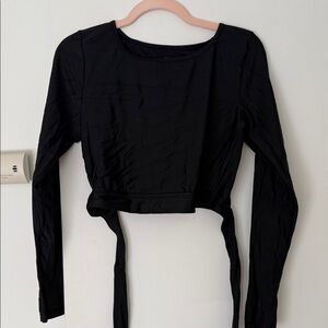 J. Crew Black Long-Sleeve Swim Rash Guard Crop Top with Tie Hem
